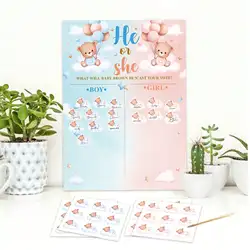 1Set Teddy Bear Gender Reveal Poster, Gender Reveal Voting Poster Party Games Kit with 36pcs Bear Pink and Blue Voting Stickers