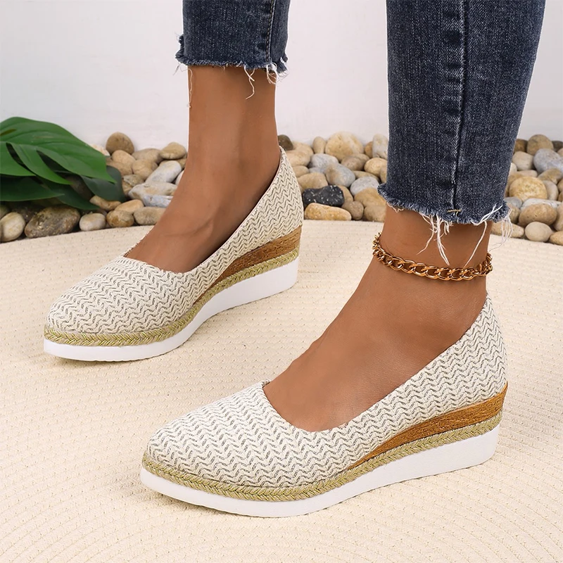 Platform Wedges Knitting Pointed Toe Women Shoes Autumn New Mid Heels Shoes Women 2024 Trend Walking Shoes Dress Mujer Zapatos