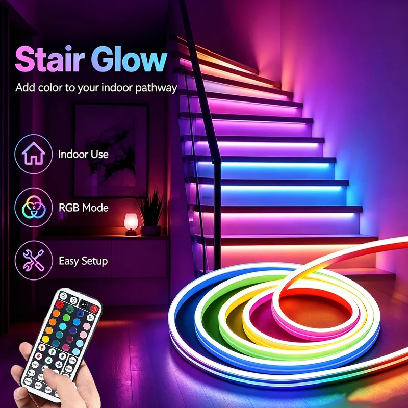 RGB Neon Strip Lights Multi-Color Rope Lights with 44Keys Remote Flexible RGB Neon Strip Lights Adjustable Brightness