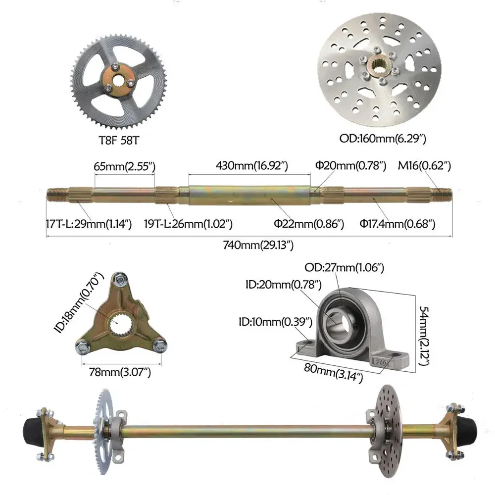 22mm 740mm Rear Axle Kit Brake Assembly+ 6