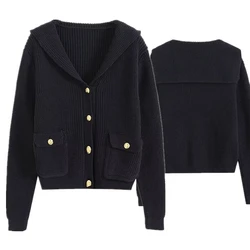 Maxdutti Giacca lavorata a maglia vintage francese blu scuro da donna Cardigan monopetto da donna minimalista