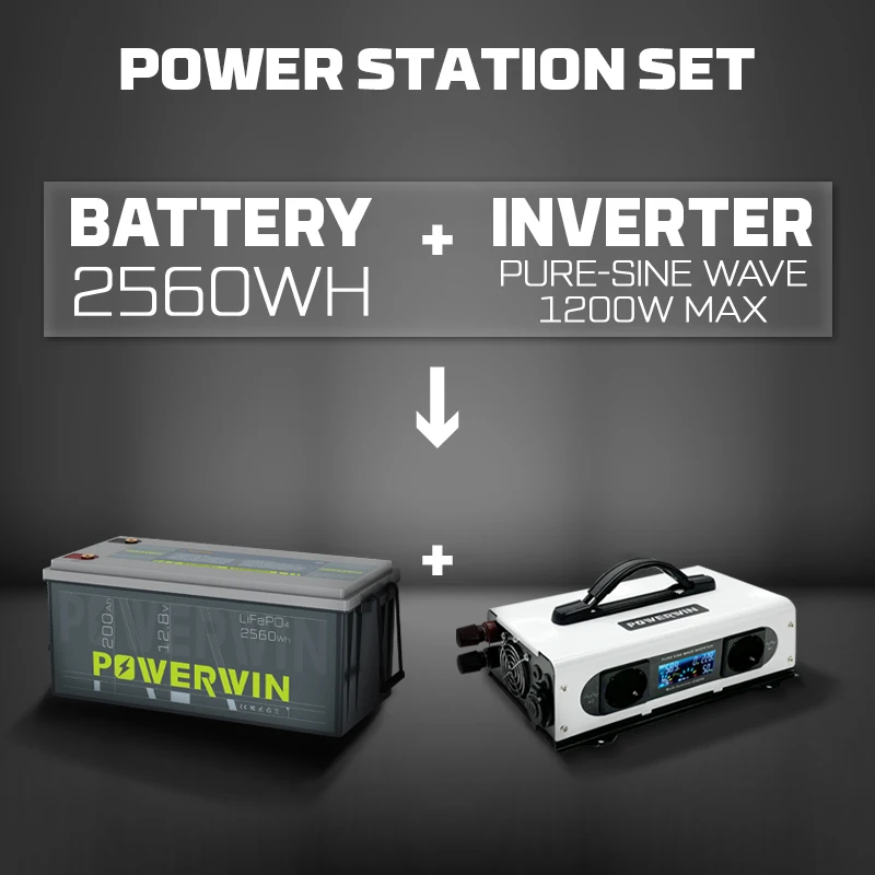 POWERWIN BT200 12.8V 200Ah 2560Wh LiFePO4 Battery  Portable Inverter PI1200 12V 1200W Pure Sine Wave EU Outlet 12V LCD Screen