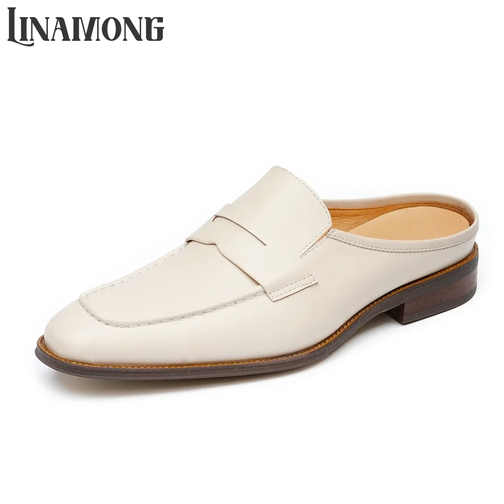 

Beige Leather Loafer Slippers Closed Toe Slip on Flat Leather Shoes Designer Classic Style Elegant Genuine Leather Men Slippers