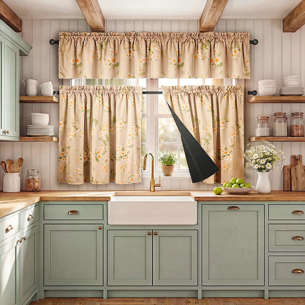 3-Piece Set, French-Style Watercolor Print Kitchen Blackout Curtain Set, Includes One Valance and a Pair of Small Curtains, Beautiful Illustration Print, Fade-Resistant, Ruffled Rod Pocket Design, Easy to Install, Lightweight and Soft, Black Coating Lining, 100% Blackout Effect, Privacy Protection, Polyester Material, Washable, Suitable for All Seasons, Darkens the Room, Suitable for Bedrooms, Living Rooms, Offices, Kitchens, Dining Rooms, Cafes, Dorms