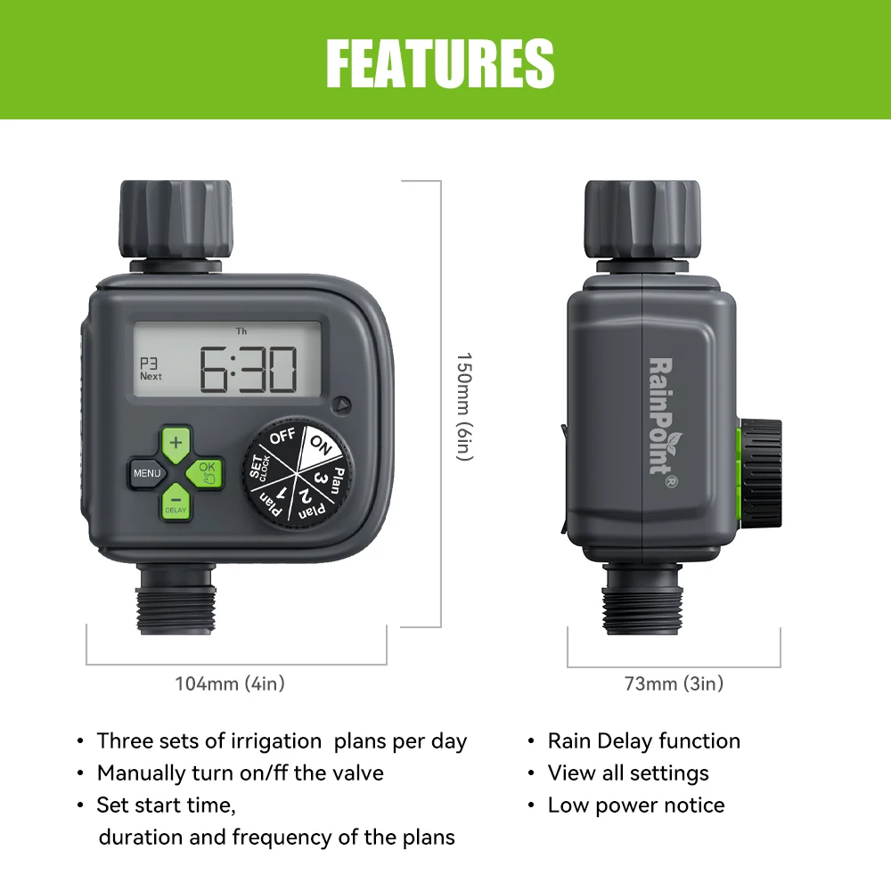 RAINPOINT Sprinkler Timer Outdoor, Water Timer With 3 Programs, Digital Hose Timer Automatic Irrigation Timer Single Outlet