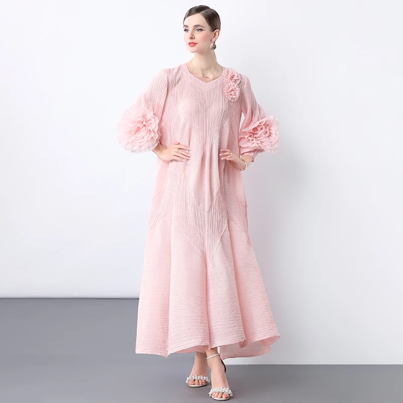 

Hand Embroidered Long Sve Flud Dr Women's Holiday Faionable Pleated Cross-Border Long Dr Summer 2025