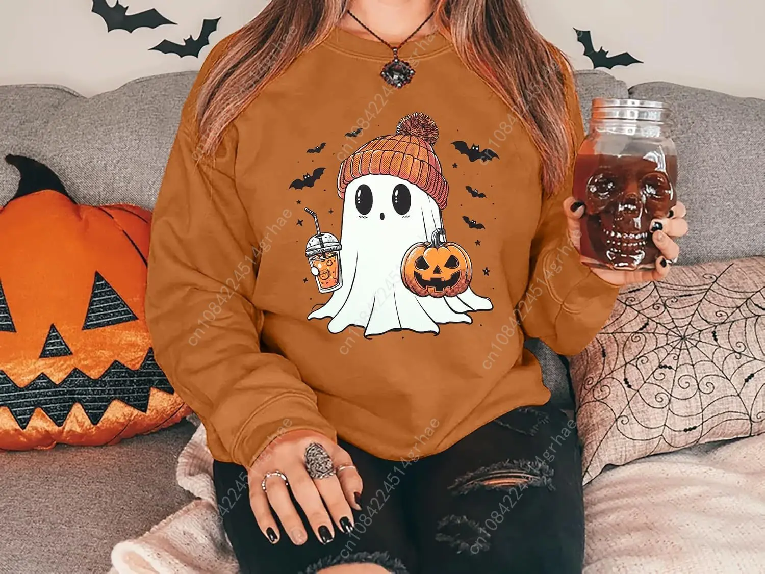 Bluzy na Halloween ASTANFY dla kobiet, koszulki z długim rękawem z motywem ducha i dyni, graficzne t-shirty dla miłośniczek kawy, jesienne, upiorne bluzy.