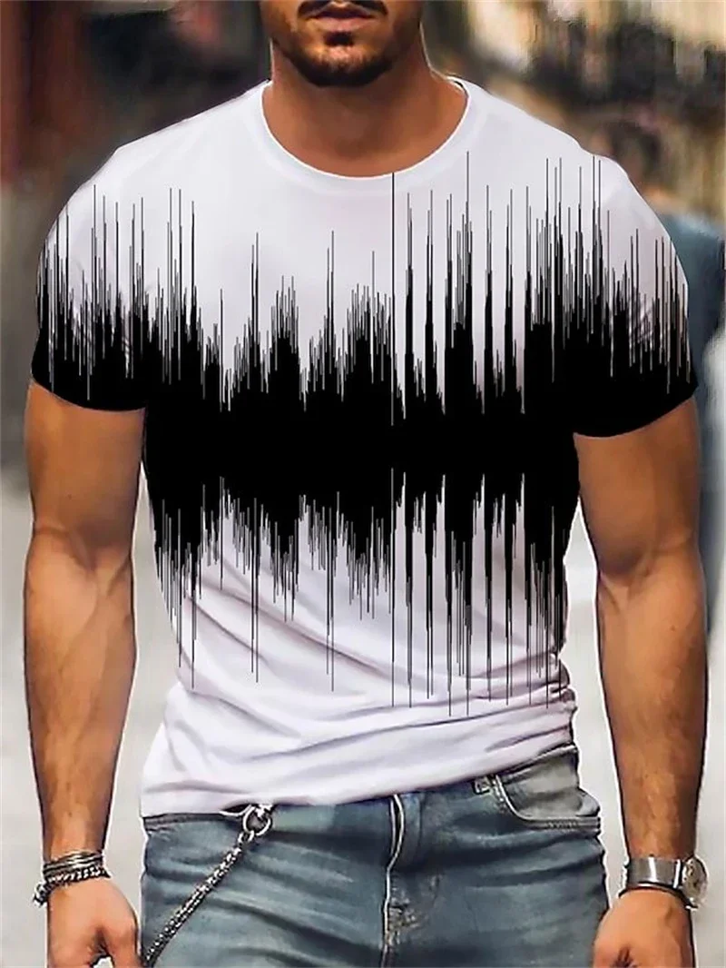 Fashion Men's Black White Sound Wave Print T Shirt Crew Neck Short Sleeve Casual Streetwear Top For Men