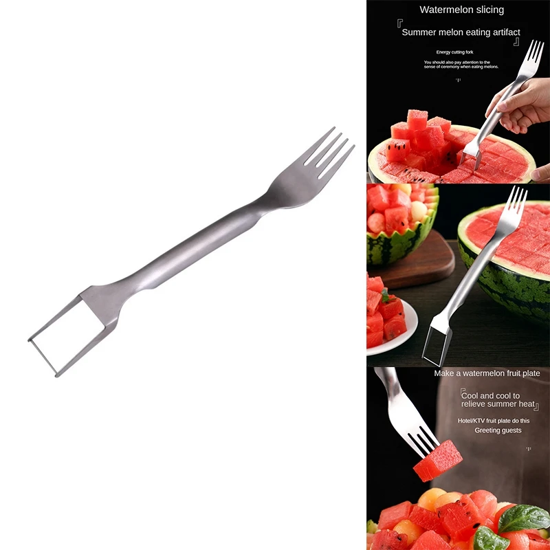 2-In-1 Watermelon Fork Slicer, Watermelon Slicer Cutter Summer,Dual Head Stainless Steel Fruit Fork Cubeds Knife