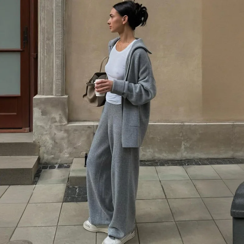TARUXY Damski Komplet: Rozpinany Sweter i Spodnie z Dzianiny, Jesienny Nowy Modny Zestaw do Pracy, Rozpinany Sweter na Zamek, Spodnie z Szerokimi Nogawkami, Komplet 2-częściowy