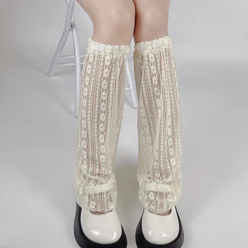 Lace Print Flared Leg Warmers Sexy Mesh Stockings Lolita Floral Striped Leg Warmers Women Gothic Calf Socks Thin Over Knee Socks