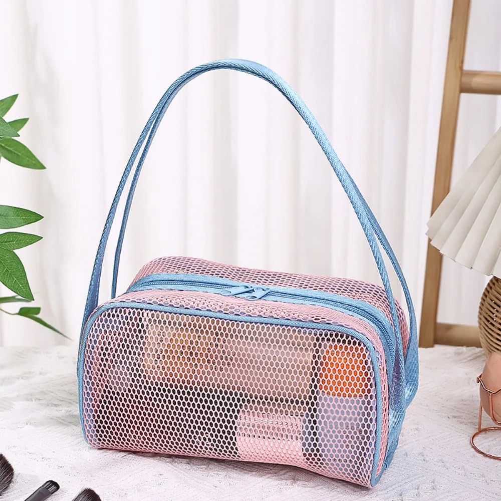 High Quality with Handle Travel Makeup Bag Mesh Polyester Cosmetic Bag Candy Color Lightweight Storage Bag