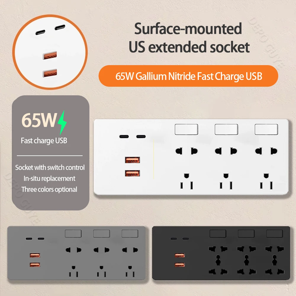 US Mexico Standard Expand Socket,Universal Five Hole 65W Fast Smart Charge USB Port Outlet,UK Wall Power Electric Wall Plug