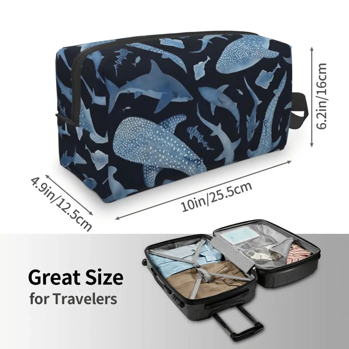 Monochrome Blue Watercolour Shark Ocean On Black Makeup Bag for Women Travel Cosmetic Organizer Storage Toiletry Bags