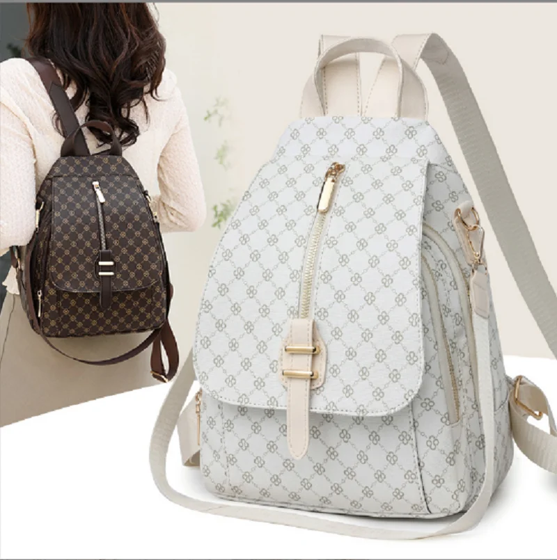 

New Korean Fashion Printing Soft Leather Backpack Women High Capacity Multifunctional Travel Shoulder Bags Crossbody School Bag
