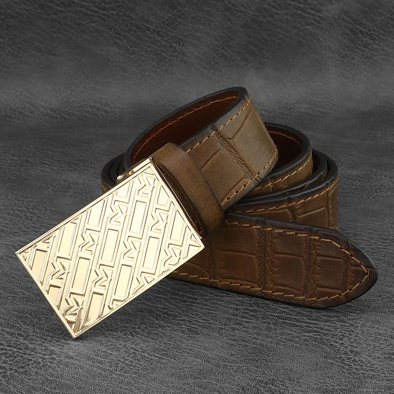 Cinturones marrones vintage de lujo de alta calidad para hombre, hebilla deslizante, cinturilla de diseñador en relieve, pantalones vaqueros de cuero genuino para hombre, ceinture homme