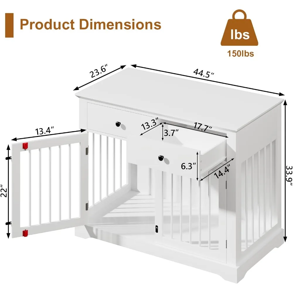 أثاث على شكل صندوق للكلاب مقاس 44 بوصة مع أدراج، أثاث بيت الكلب الخشبي للسلالات الكبيرة، طاولة خشبية بيضاء للكلاب - جديد #1