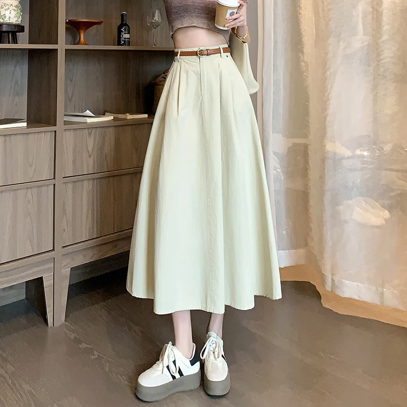 2024 New Spring Summer High Waist A-line Umbrella Skirts Womens Fashion Pleated Skirt Ladies Casual Long Skirts With Belt