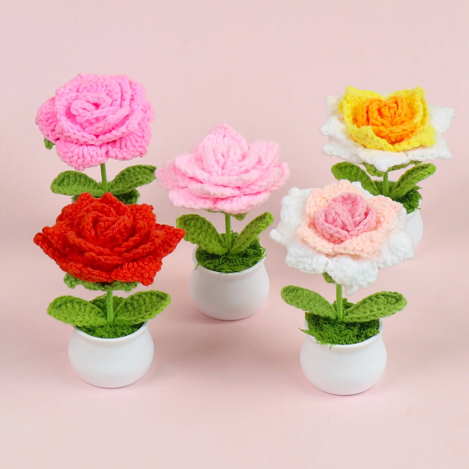 Flores de punto de rosas, flor de ganchillo creativa en maceta para decoración del hogar de boda, flores tejidas de ganchillo