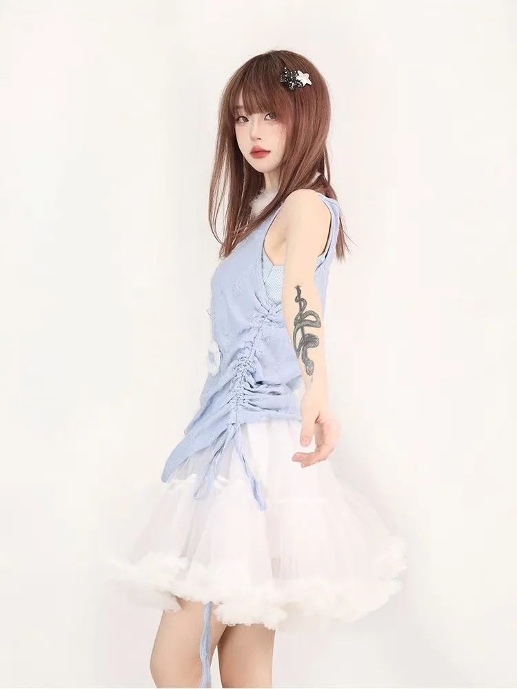 Fuzzy Edge Cross Print Tank Top Textured Sleeveless Vest Side Drawstring Loose Fit Alt Summer Streetwear Casual Top