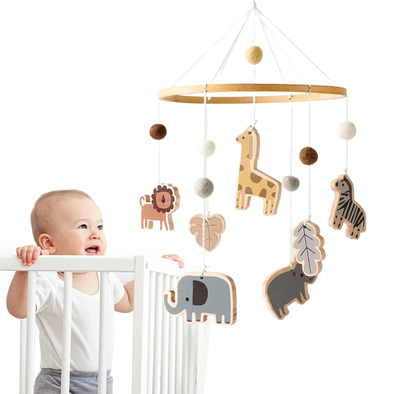 Baby Wooden Bed Bell Cartoon Animal Pendant Hanging Toy 0-12 Months Crib Mobile Bed Bell Wood Toy Holder Arm Bracket Kid Gift