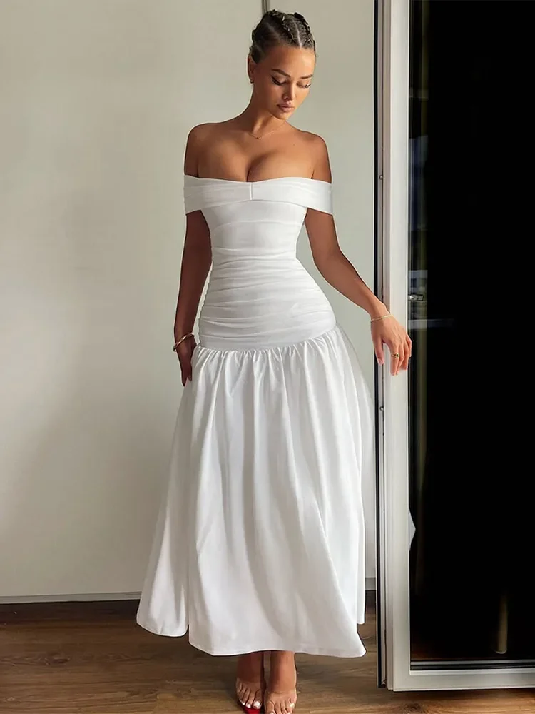 Women White Slim Fit Ruffle Strapless Dress Elegant Boat Neck Patchwork Maxi Gown 2025 Spring Summer New Night Party Robe