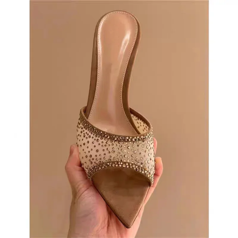 Rhinestone Mesh Cloth Slip On Women Slippers Pointed Toe Shallow Thin Heels Nude Suede Comfortable Indoor Sandals Crystal Bling