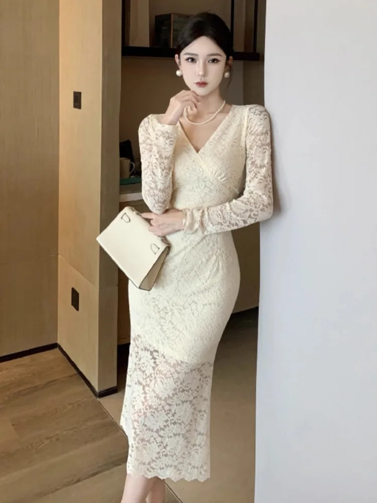 Topanoma Sexy Evening Dresses Women V Neck Lace Patchwork Long Sleeve Slim Elegant Temperament Cocktail Wedding Party Ladies