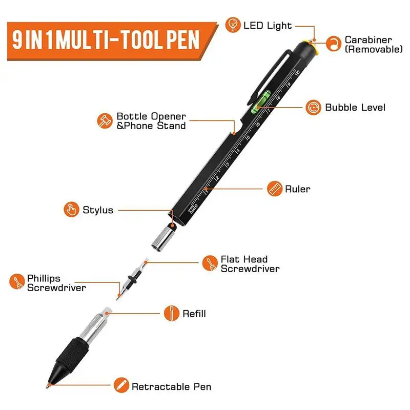 9 In1 Multifunction Ballpoint Pen With Modern Handheld Tool Measure Technical Ruler Screwdriver Touch Screen Stylus Spirit Level