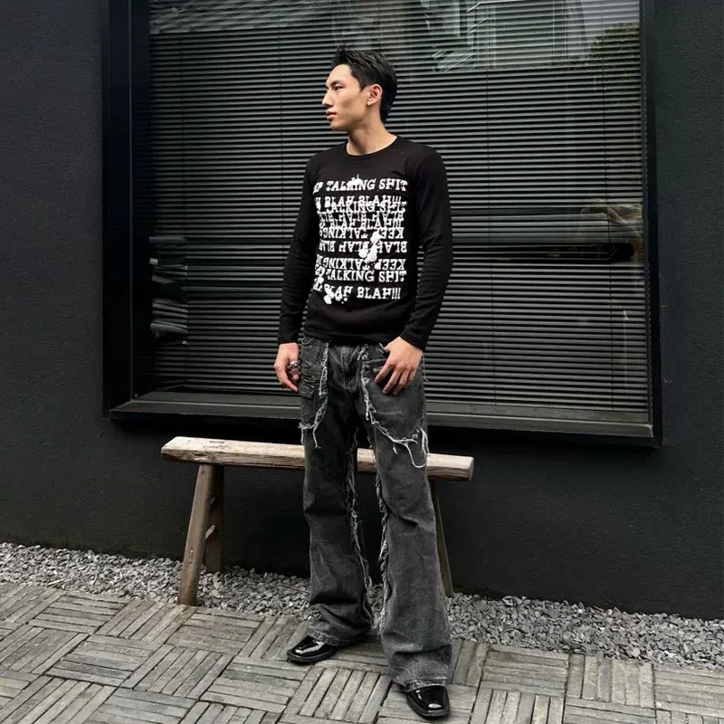 

PunkFK Punk Sle Long Sve T-irt Fong Print Angle oulder Double Tead Cotton Sweat Absorbent Fabric Fitn Slim Fit