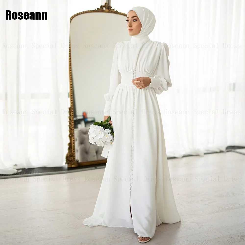 

Muslim Ivory A-line Wedding Dresses 2024 New Design High Collar Belt Button Draped Pleat Floor Length Bride Dress robe de mariée