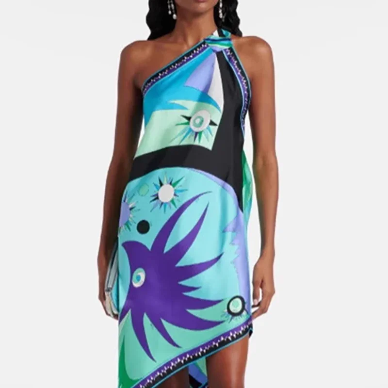 vestidos mujer sexy one-schouderbandjes jurk vrouw lente print onregelmatige satijnen jurk zomer schuine kraag vakantie strand jurken