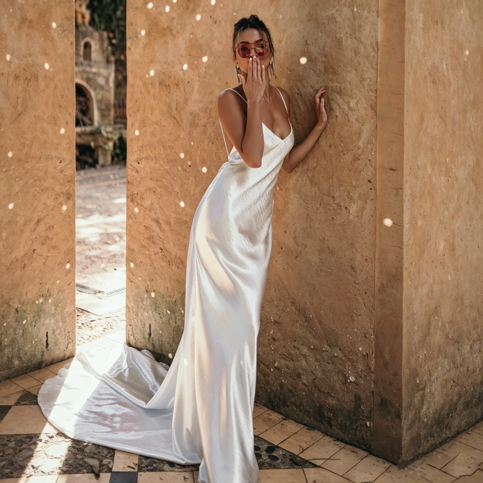 Thin Strap Backless Satin Wedding Dress Mermaid Train Bridal Gown V Neck Slip Elopement Shoot Custom White Bride Beach Gown
