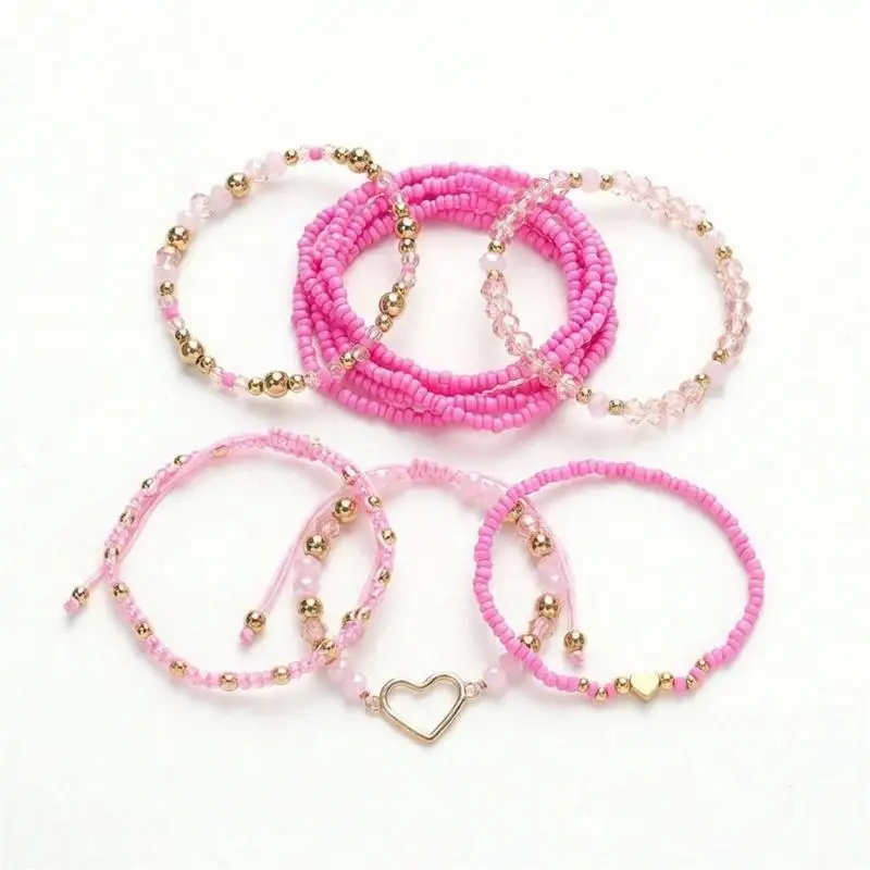 6Pcs Heart Shaped Rice Bead Bracelet Set Bohemian Handmade Delicate Women Jewelry for Weekend Outing Holiday Gift