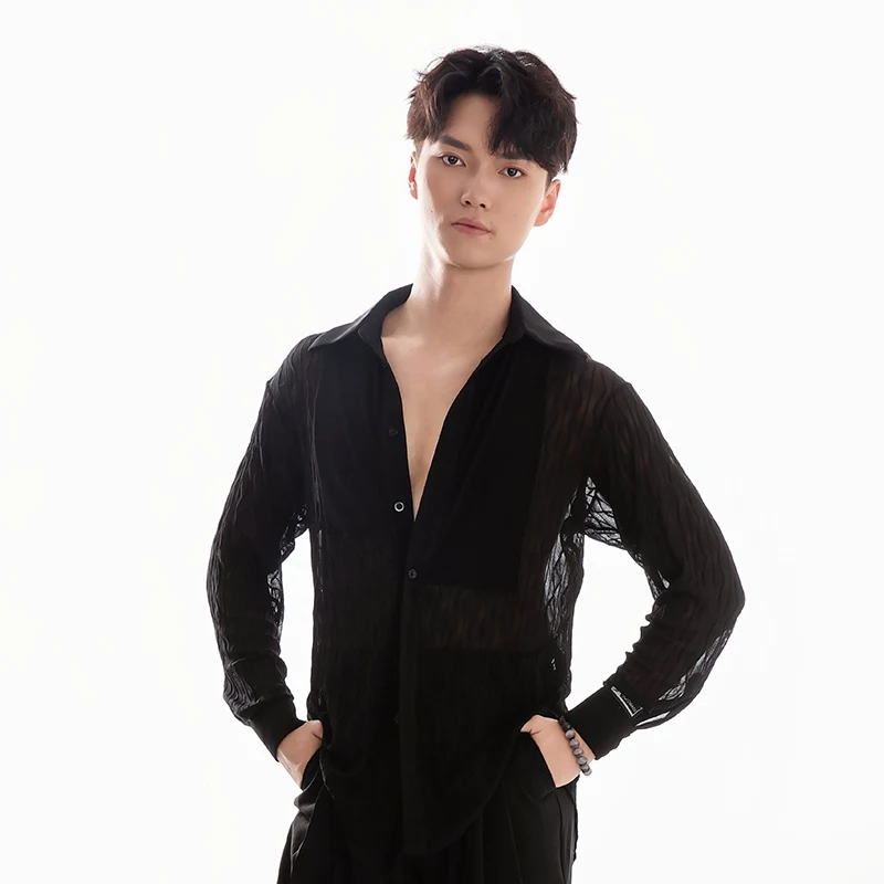 2024 قمصان شبكية جديدة بأكمام طويلة ملابس الرقص اللاتينية للرجال الكبار قاعة الرقص تشاتشا رومبا تانجو ملابس ممارسة الرقص اللاتينية DQS18094