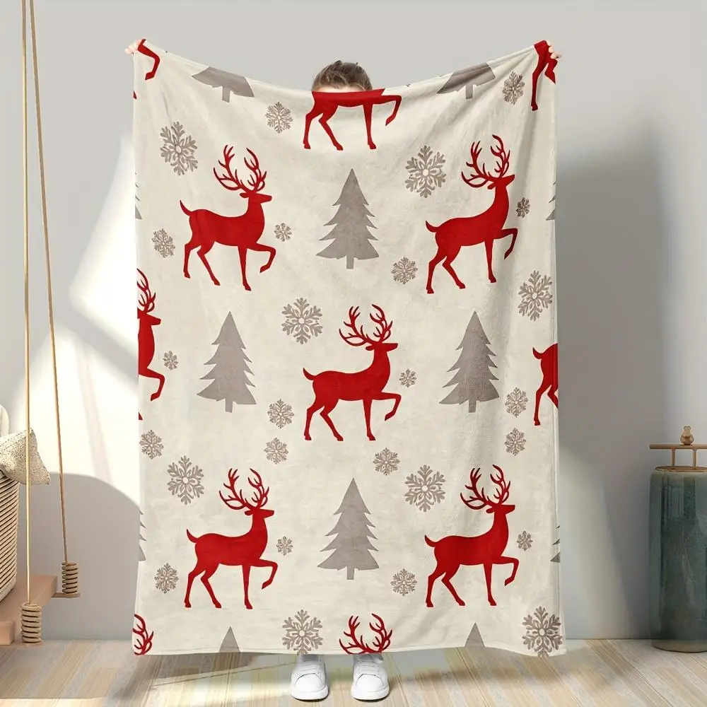 1pc Red deer and pine tree patterned blanket, polyester fabric, machine washable, suitable for bedroom and living room décor.