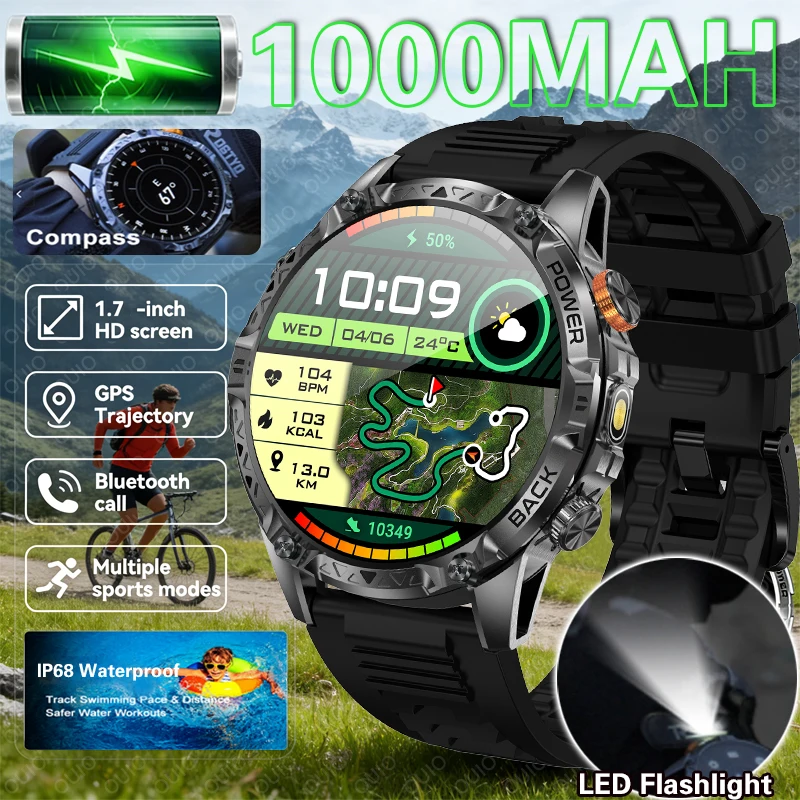 

New Smart Watch 1000 mAh 1.7"Screen Health Monitoring 100+sports LED Flashlight Compass IP68 Waterproof Wireless Call Smartwatch