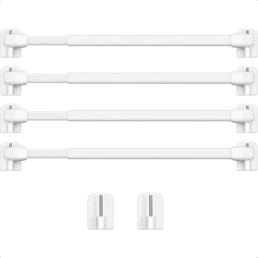 

4 Pieces Extendable Curtain Rod Cupboard Bars Tensions Adjustable Plastic Curtain Rod with 10 Pieces Self Adhesive Hooks for Ho