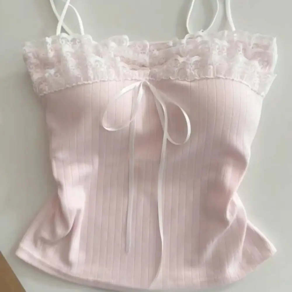 Fashion Bow Slim Lace Crop Top Bottoming Shirt Sweet Girl's Vest Top Summer Spice Girls Style Camisole with Pads Women