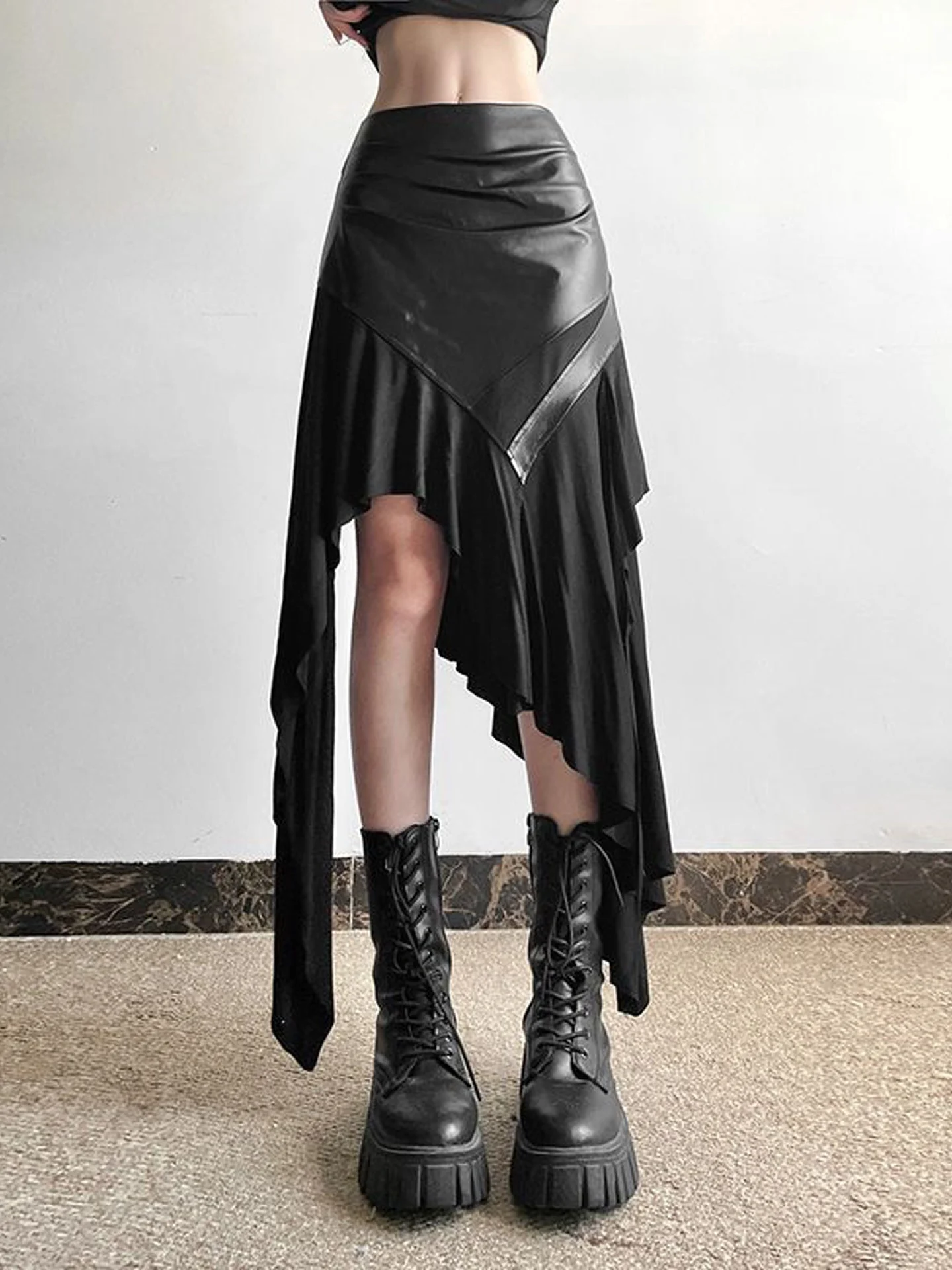High Waist PU Leather Splice Slim Fit Asymmetrical Skirt Women's Fashion Autumn New Style Commute Style Non-fading Standard