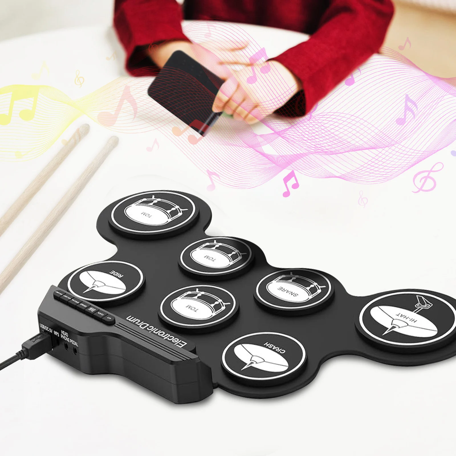 

1 set 1 Set Portable Electronic Drum Pad Roll- Drum Kit With Headphone Jack Built-In Metronome Lightweight For Silent