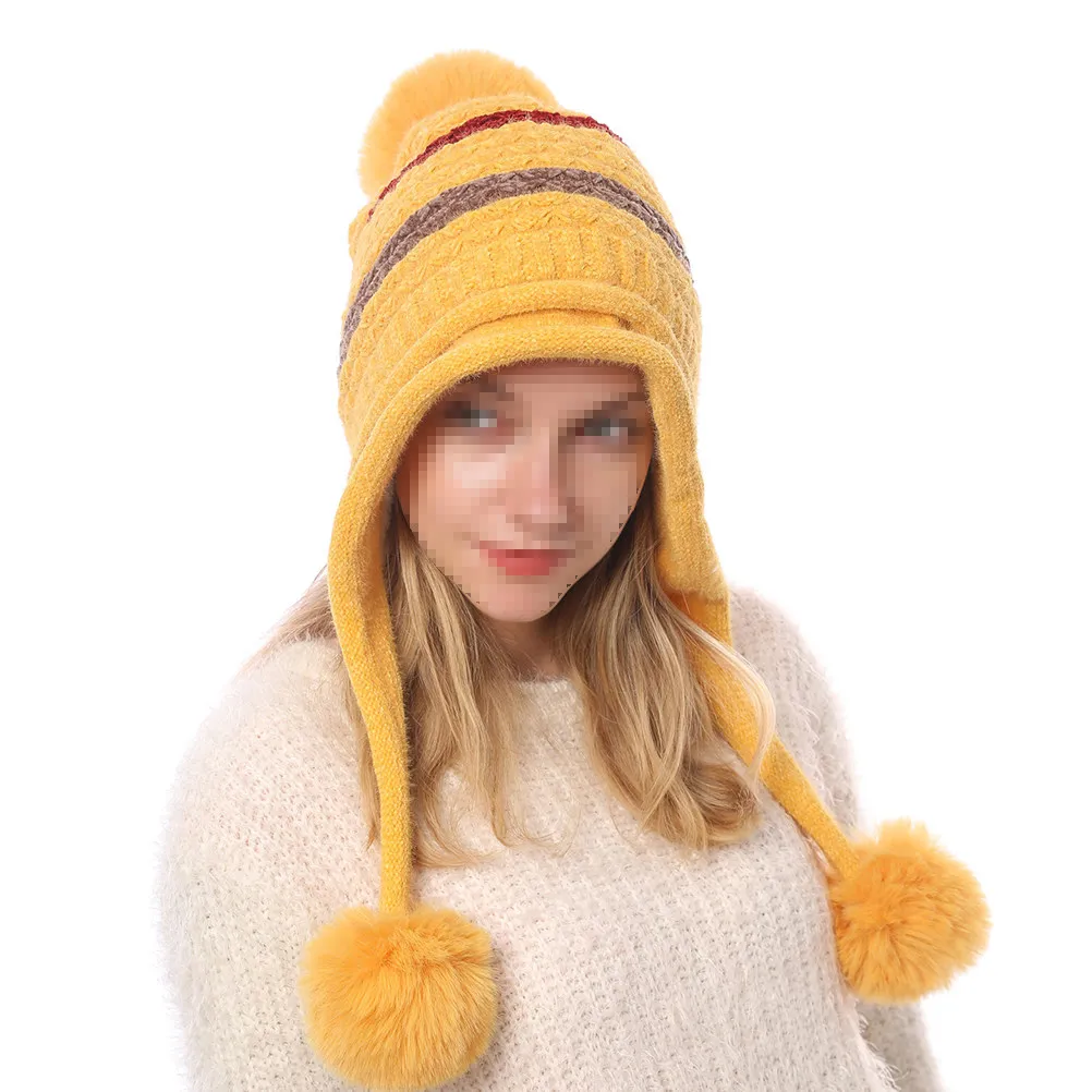 

Теплая вязаная шерстяная шапка для женщин, универсальный размер, черная зимняя шапка для катания на лыжах, коньках, для холодной погоды, с защитой ушей