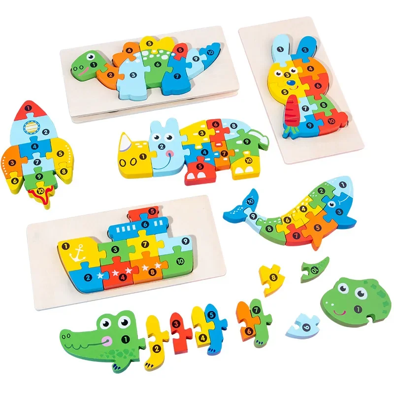 Puzzle en bois Montessori stéréoscopique 3D, dessin animé dinosaure, forme animale, couleur, jeu éducatif cognitif, jouet, cadeau d'anniversaire pour enfants
