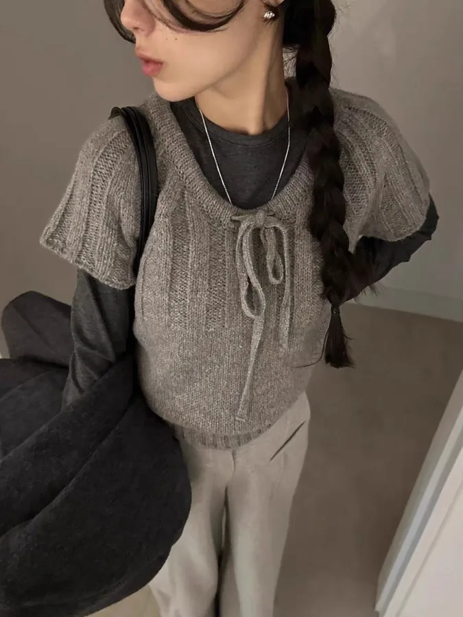 

Knot Tied Bow Overhead Knitted ort Sve Sweater Women's ort Sle Knitwear Spring Autumn Soft Korean Faion