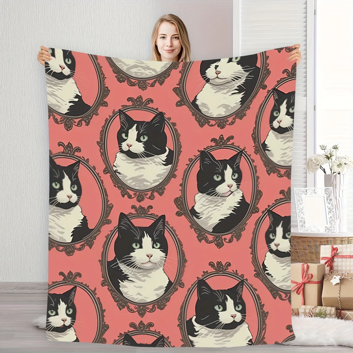 بطانية من الفلانيل بنمط صورة قطة باللونين الأبيض والأسود - ناعمة ودافئة، مثالية للتخييم والأرائك والأسرة والكراسي، #1