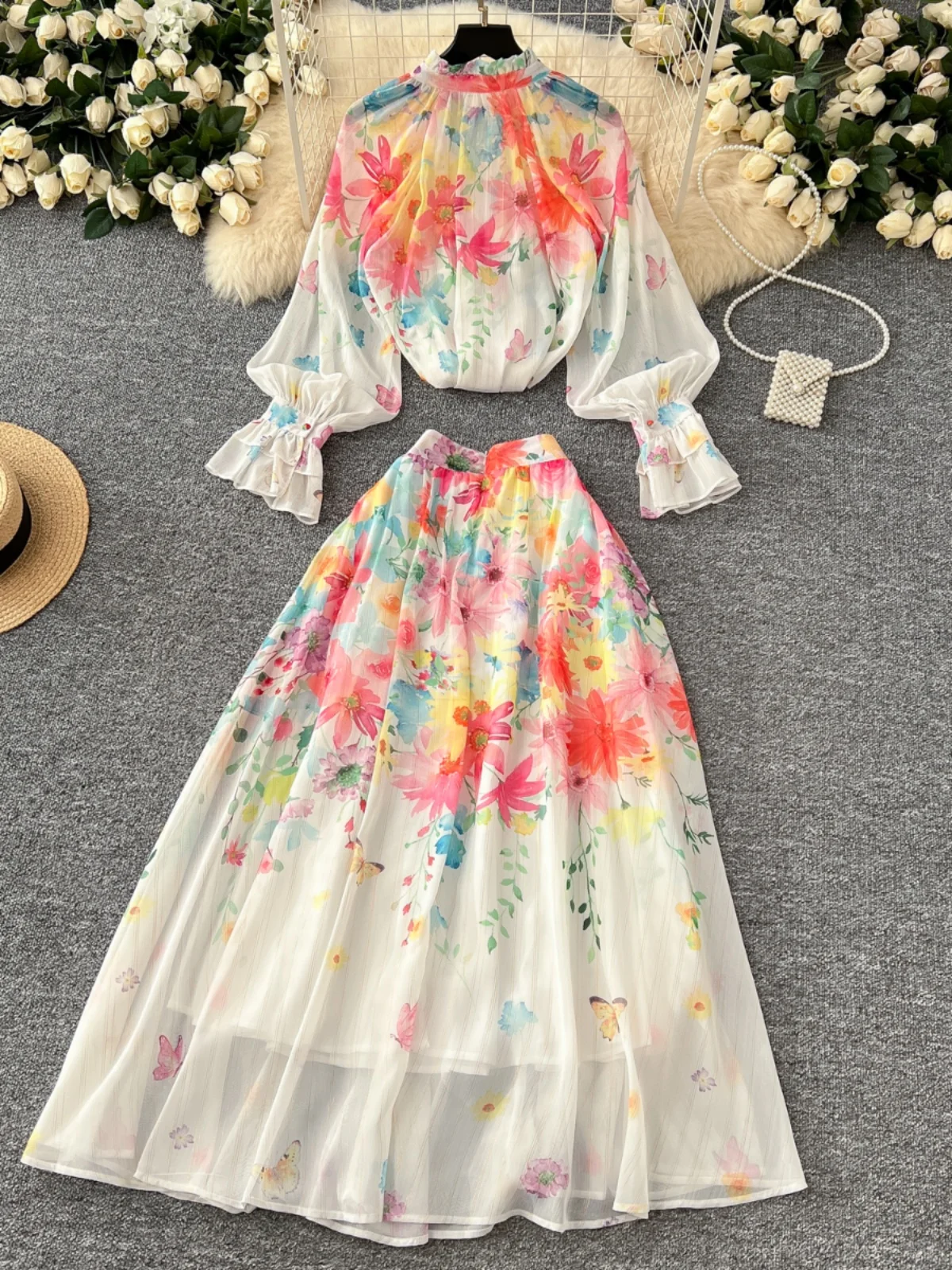 Ele Set top e gonna in chiffon con stampa lanterna a vita alta, completo da donna con orlo semicircolare Faion