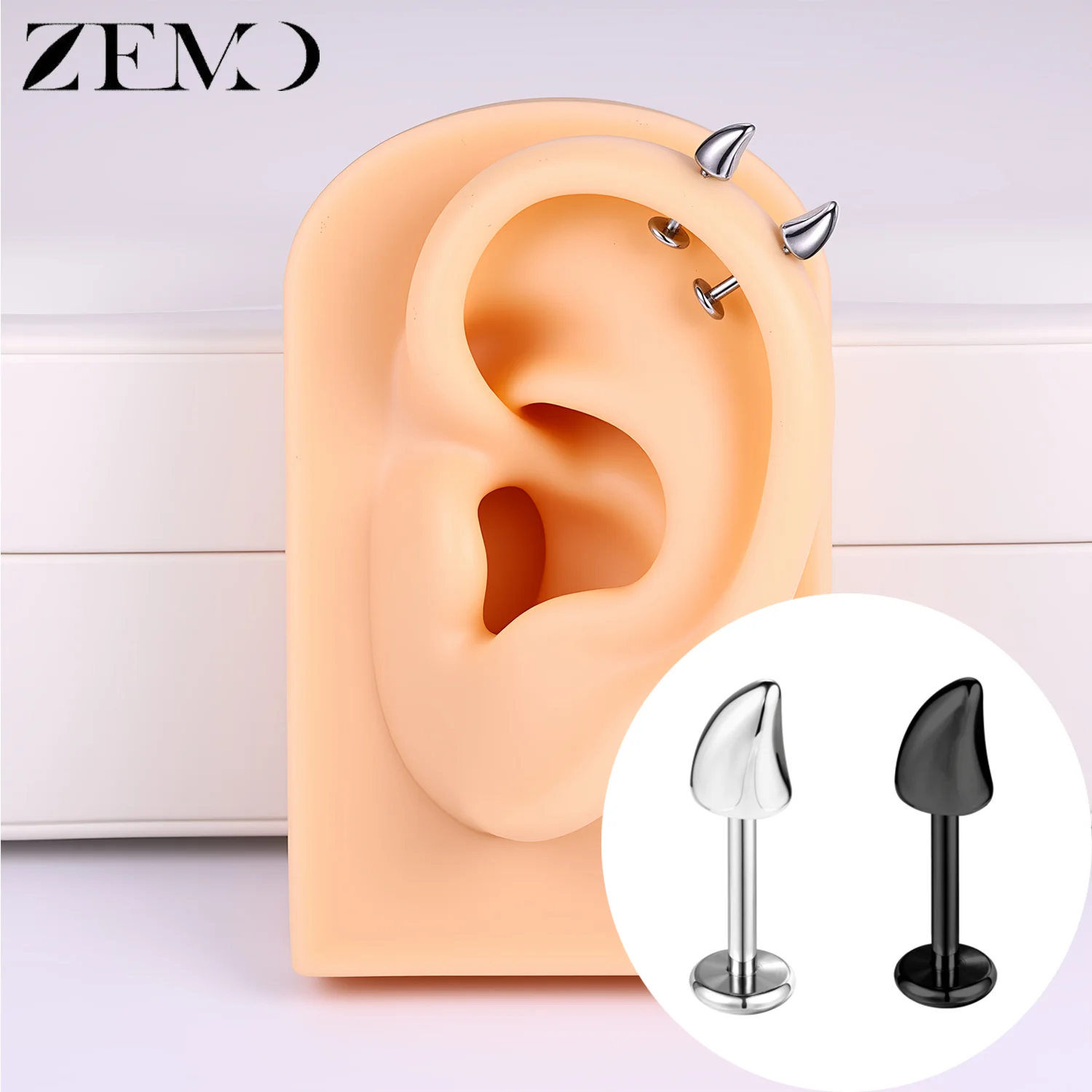 ZEMO 1 Piece 16G Devil Horn Shape Labret Lip Piercing Stainless Steel Stud Earrings Punk Ear Bone Helix Piercing Jewelry 6MM/8MM