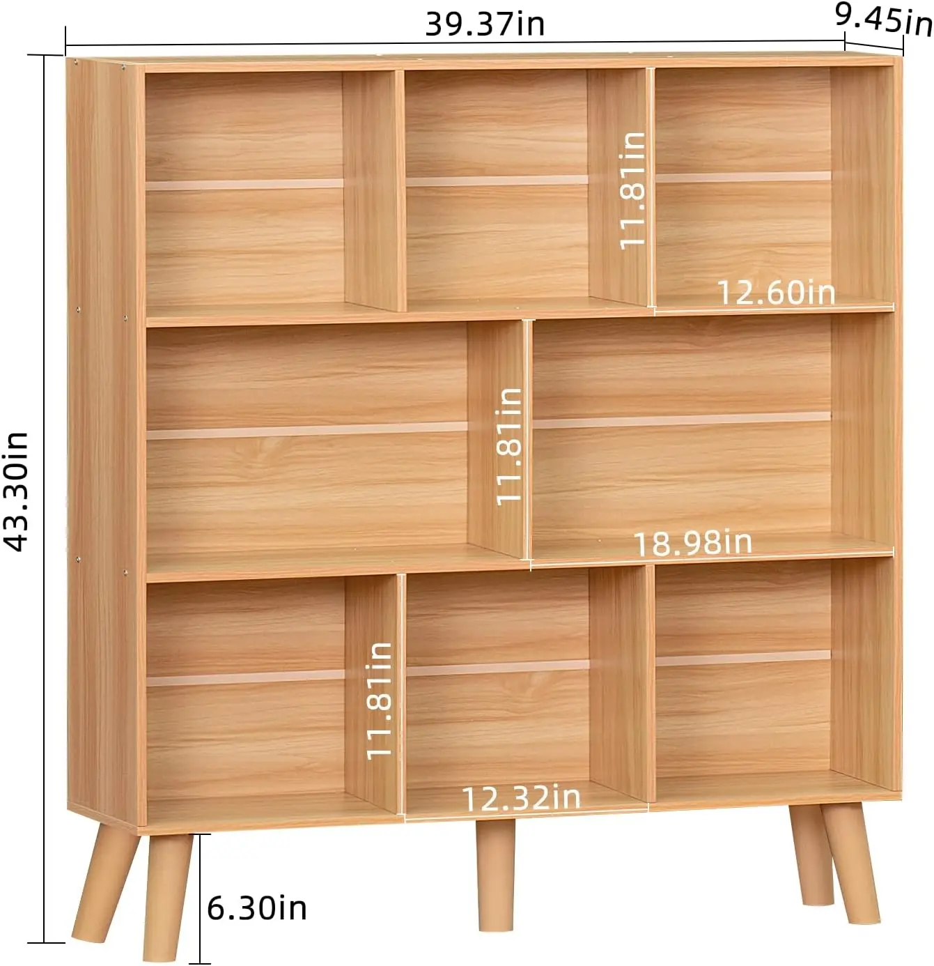 Wooden 8 Cube Book Shelf, Natural 3 Tier Bookshelf with Legs, Modern Open Storage Organizer,Bookcase,Display Cabin