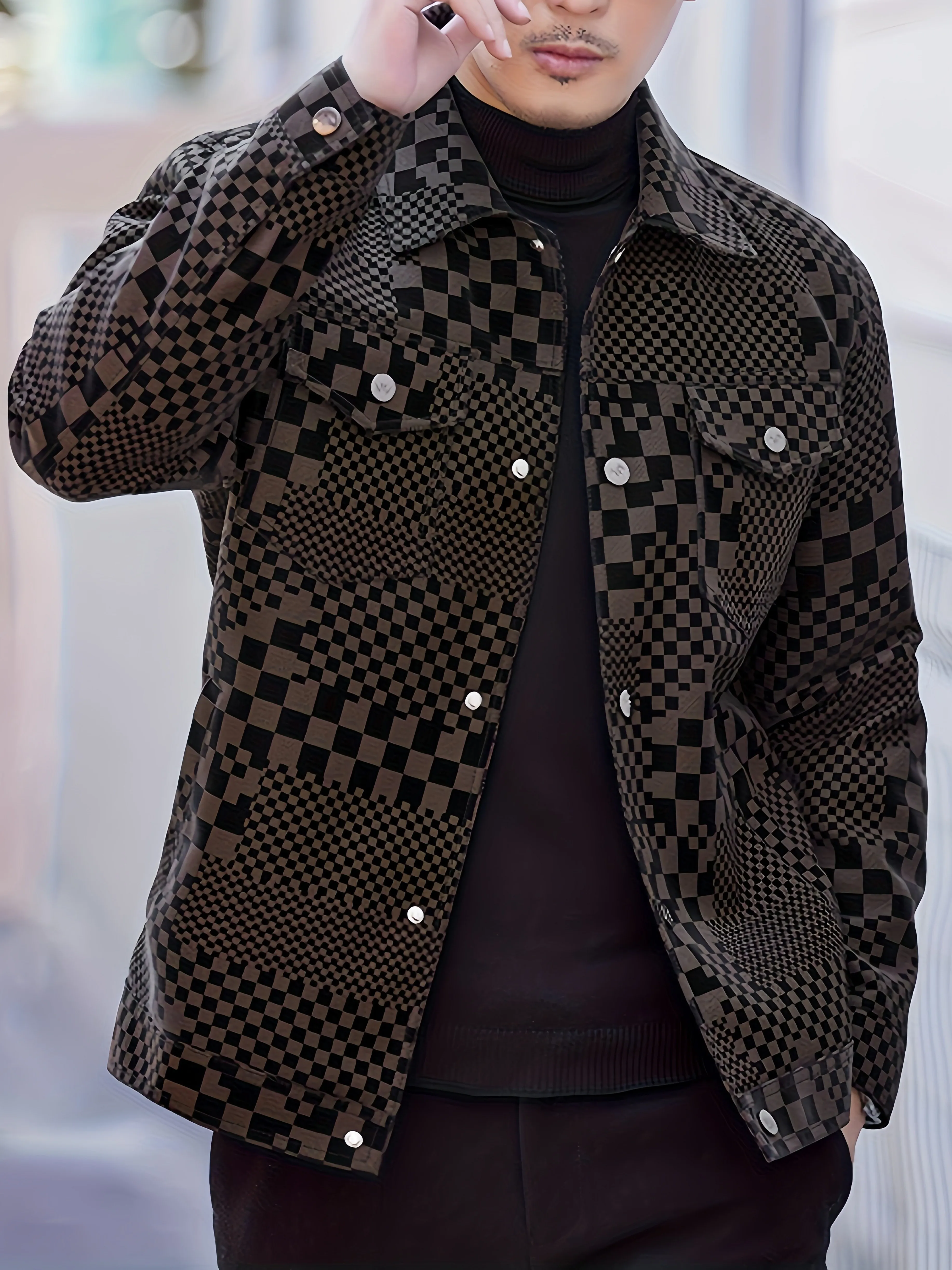 Men's Casual Checkerboard Jacket with Lapel Collar, Long Sleeves, and Front Pockets - Warm Fleece-Lined Outerwear for Fall & Winter