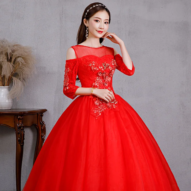 Aangepaste rode Quinceanera-jurken Elegante gezwollen galajurk met mouwen Zoete kanten applique Kralen vestido de debutante